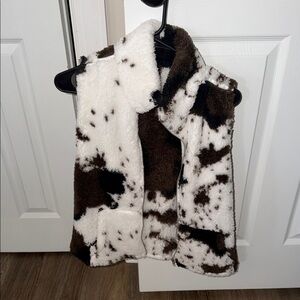 Cozy Faux Fur Cow Print Vest - White & Dark Brown